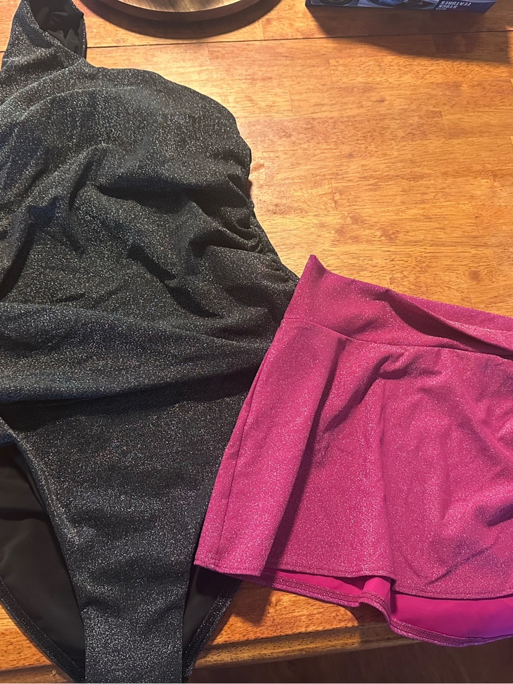 Lands End Sparkle Black one shoulder tankini and fuschia skirt